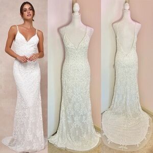 Everlasting Passion White Sequin Beaded Backless Maxi Wedding Dress by Lulus